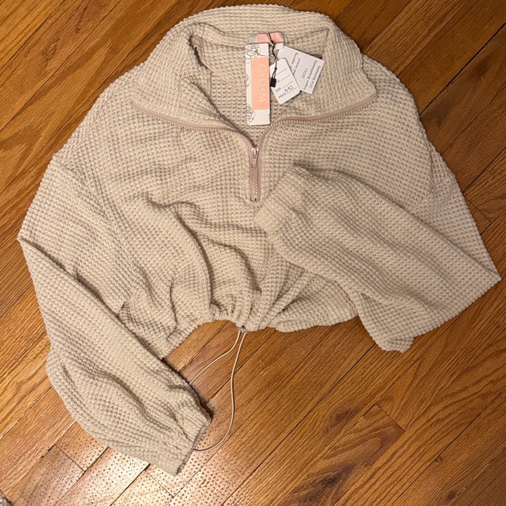 Cozy Beige Waffle Knit Half-Zip Hoodie